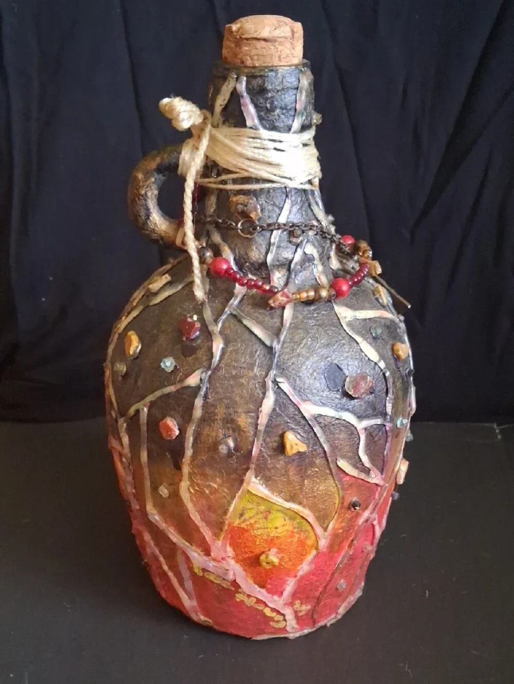 Artisan Decorative Green Glass and Metal Accent Bottle - Handcrafted Home Accent